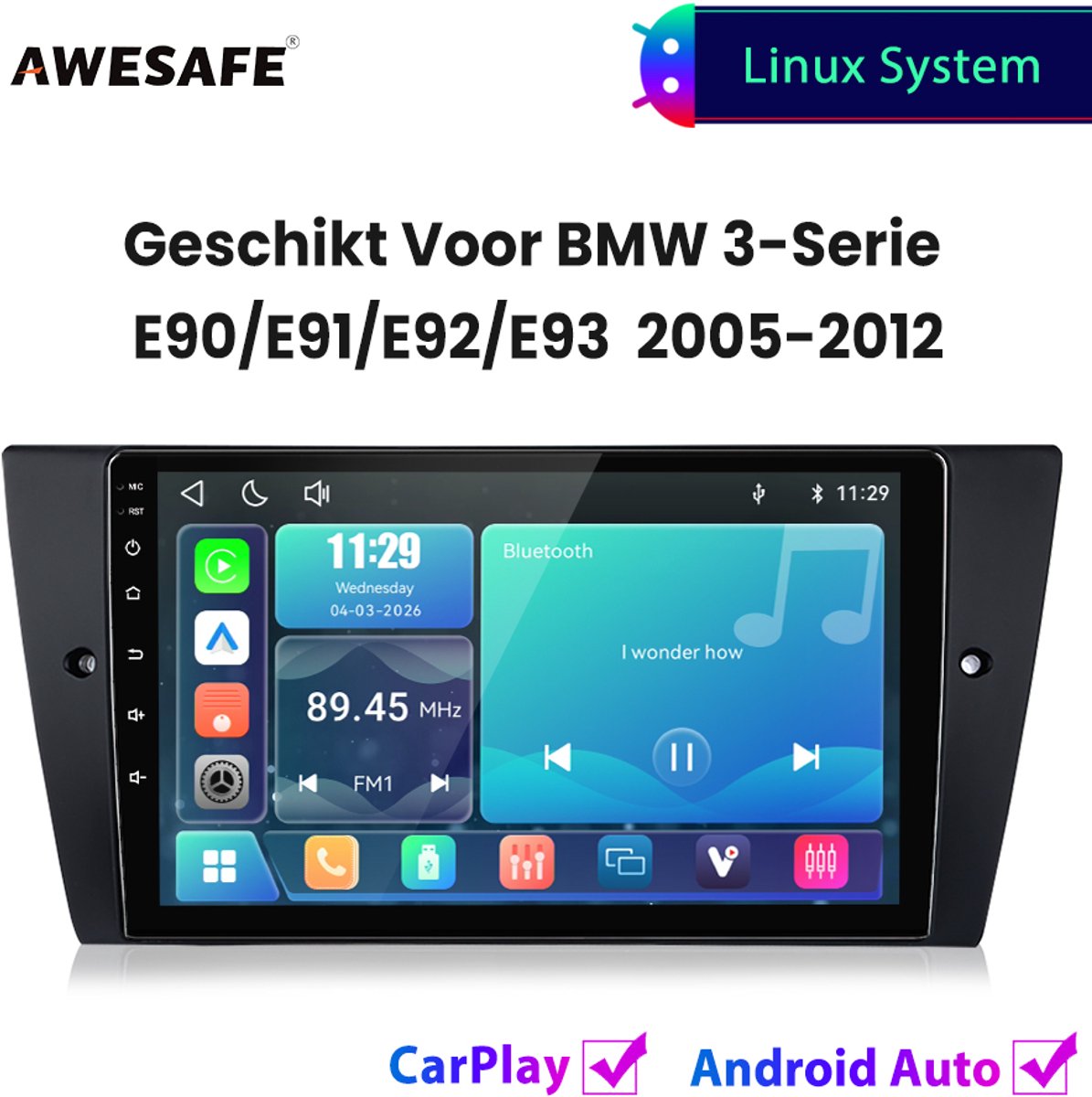 Awesafe Autoradio - Geschikt Voor BMW 3-Serie E90/E91/E92/E93 2005 t/m 2012 - Draadloos Carplay Android Auto - Linux systeem - Touchscreen - Bluetooth Wifi - 2005 2006 2007 2008 2009 2010 2011