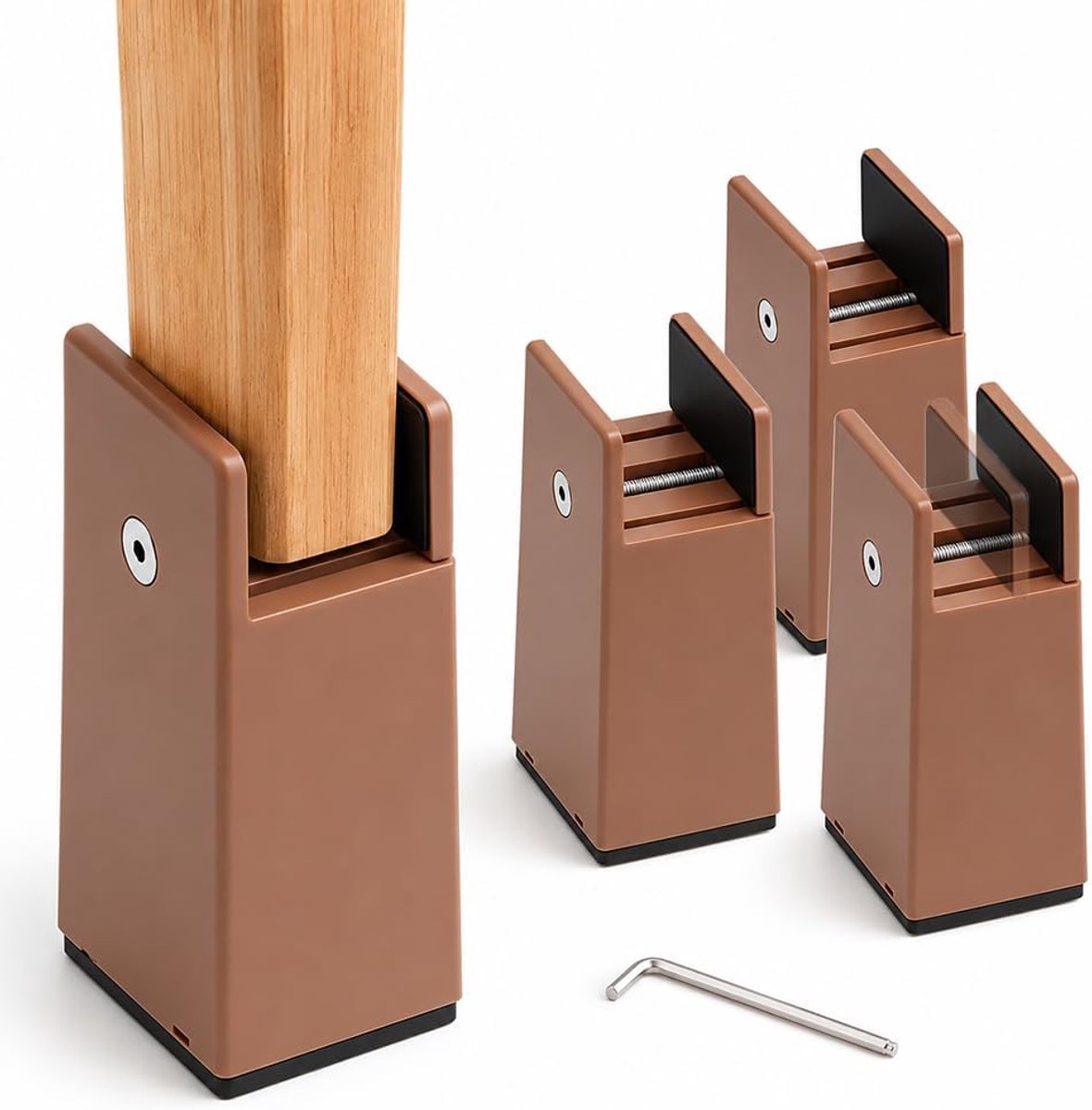 4 stuks Meubelverhogingen, bedpoten, verstelbaar, 10 cm, voor vierkante of rechte meubelpoten tot 37 mm breed (bruin)