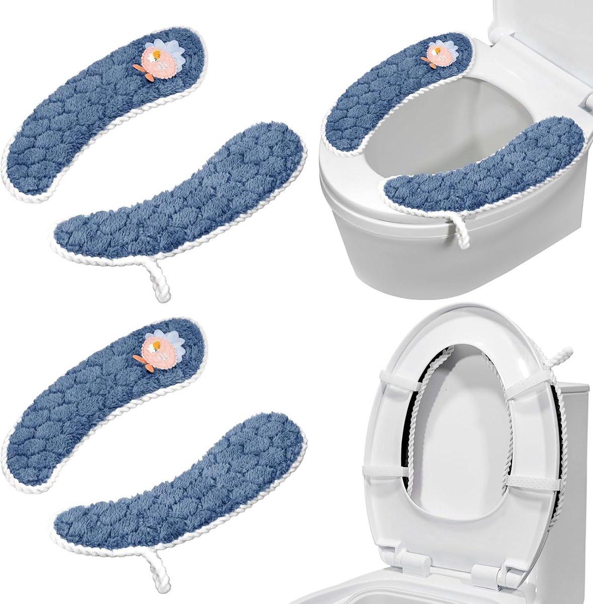 Toiletbrilhoes - Badkamer toiletkussen - Toiletkussen - Met handvat - Wasbaar en herbruikbaar wintertoiletkussen - Geschikt voor alle toiletbrillen - 2 paar blauw