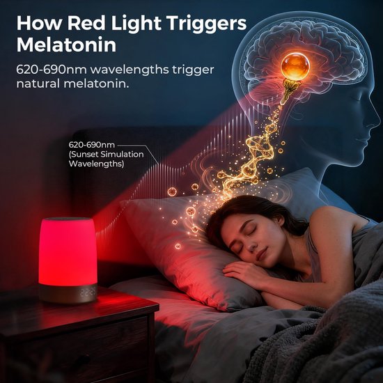 Rood Slaaplampje - 620-690nm, 32 Witte Geluiden, 7 verschillende wekkerinstellingen, App Bediening, 2600mAh Accu — afbeelding 5