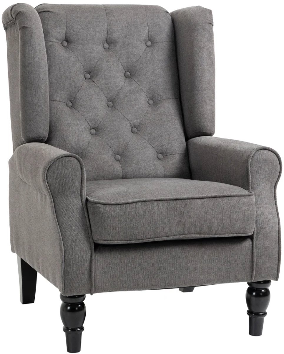 Fauteuil - Vintage Design Vleugelstoel - Leesstoel en Accentstoel - Houten Poten - Knoopsteek - Grijs + Zwart