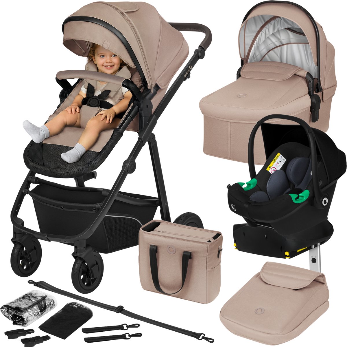 Lionelo Bianka - Kinderwagen 4 in 1 - incl. Autostoel & ISOFIX Basis - 0-22kg - XXL - Buggy 4in1 - Verstelbare Duwstang - Opvouwbaar - Accessoireset - XXL Zonnekap - Gelagerde Wielen - Reiswieg - Volledige Vering