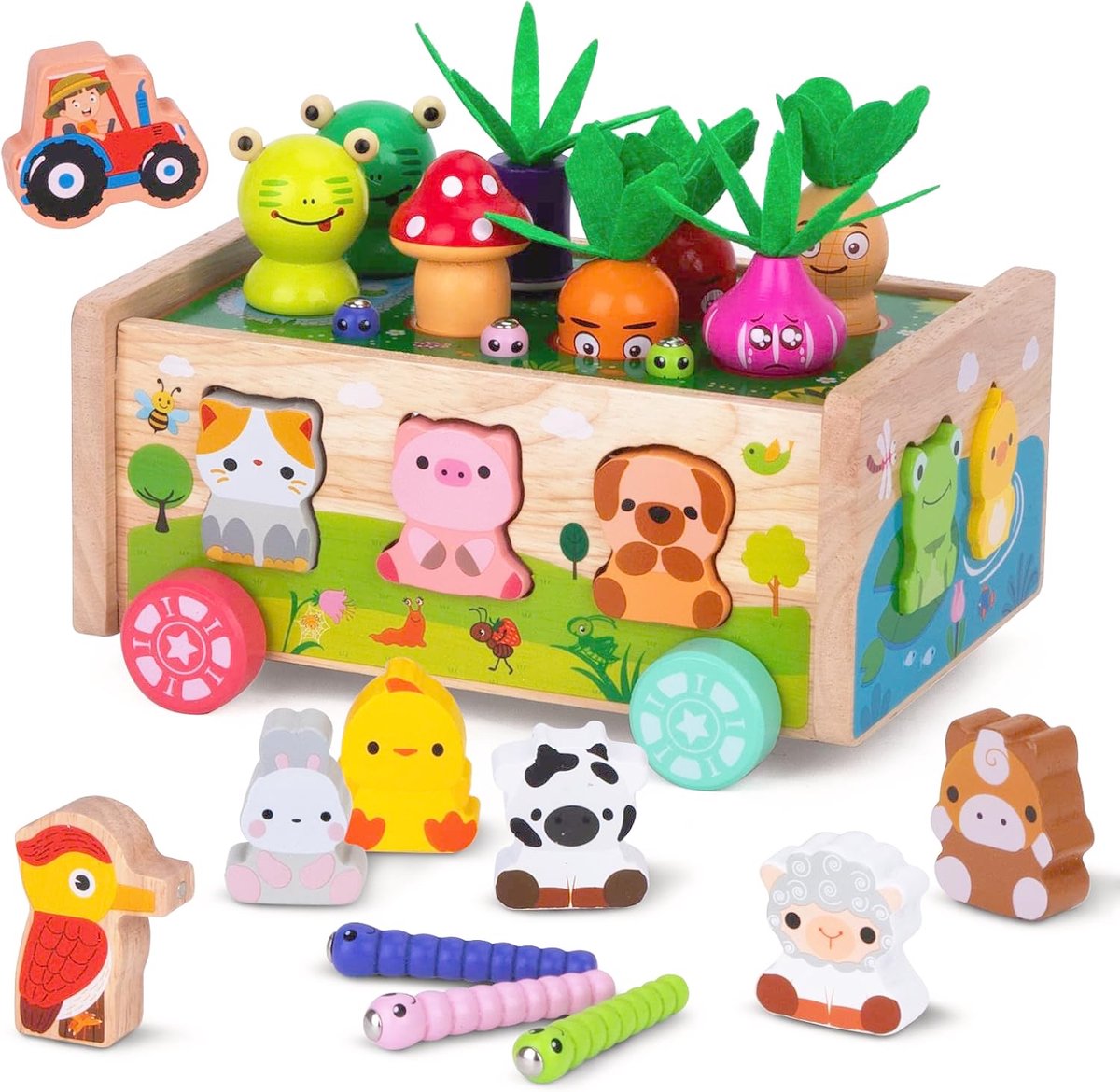 Houten Montessori Boerderij Speelgoed met Vormpjes en Magnetische Specht - Sensorisch Educatief Speelgoed voor Peuters 1-3 Jaar