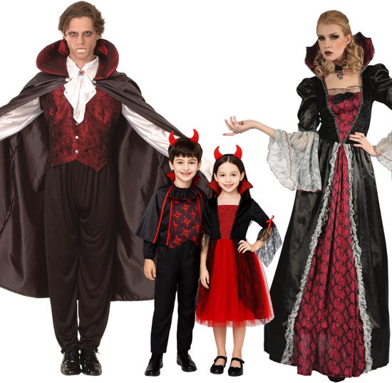 Vier personen in vampier- en duivelskostuums: man, vrouw, jongen en meisje in bijpassende Halloween-outfits.
