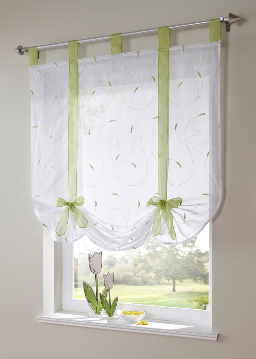 Gordijn - Opbindgordijn met Bloemenborduurwerk – 80 x 140 cm - RaamborduurwerkVouwgordijnen Gordijnen - Lichtdoorlatend Vitrage Raamgordijn – Decoratief Gordijn voor Kleine Ramen - Groen