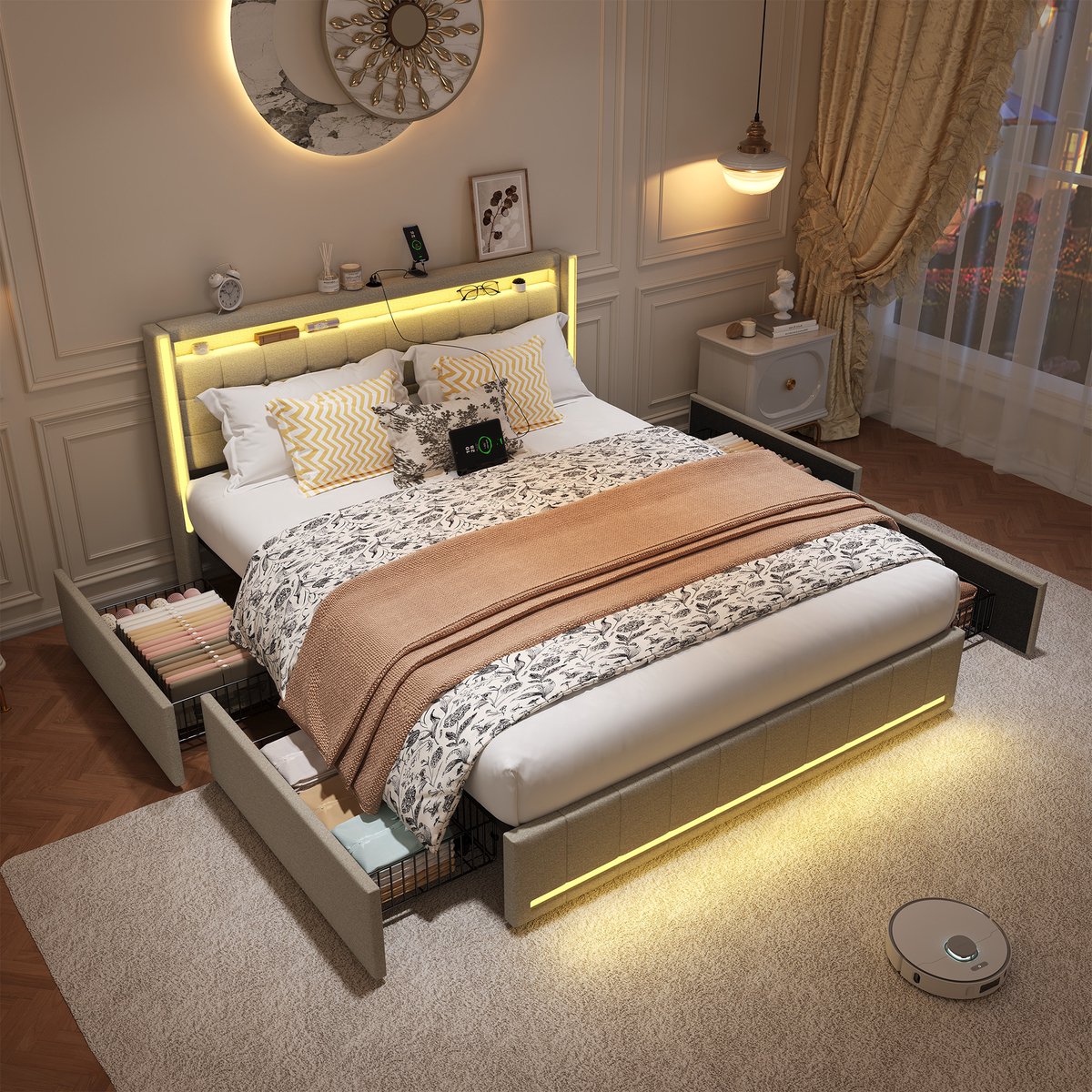 Volwassen bed 180x200 cm, tweepersoonsbed met LED-verlichting, 4 opberglades en gecapitonneerd hoofdbord, lattenbodem, linnen, beige, zonder matras