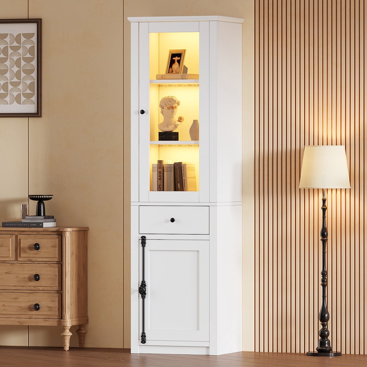 PHOEBE CAT Vitrinekast - Boekenkast - Met lade - LED-verlichting - Glazen deuren - 55 × 40 × 200 cm - Wit