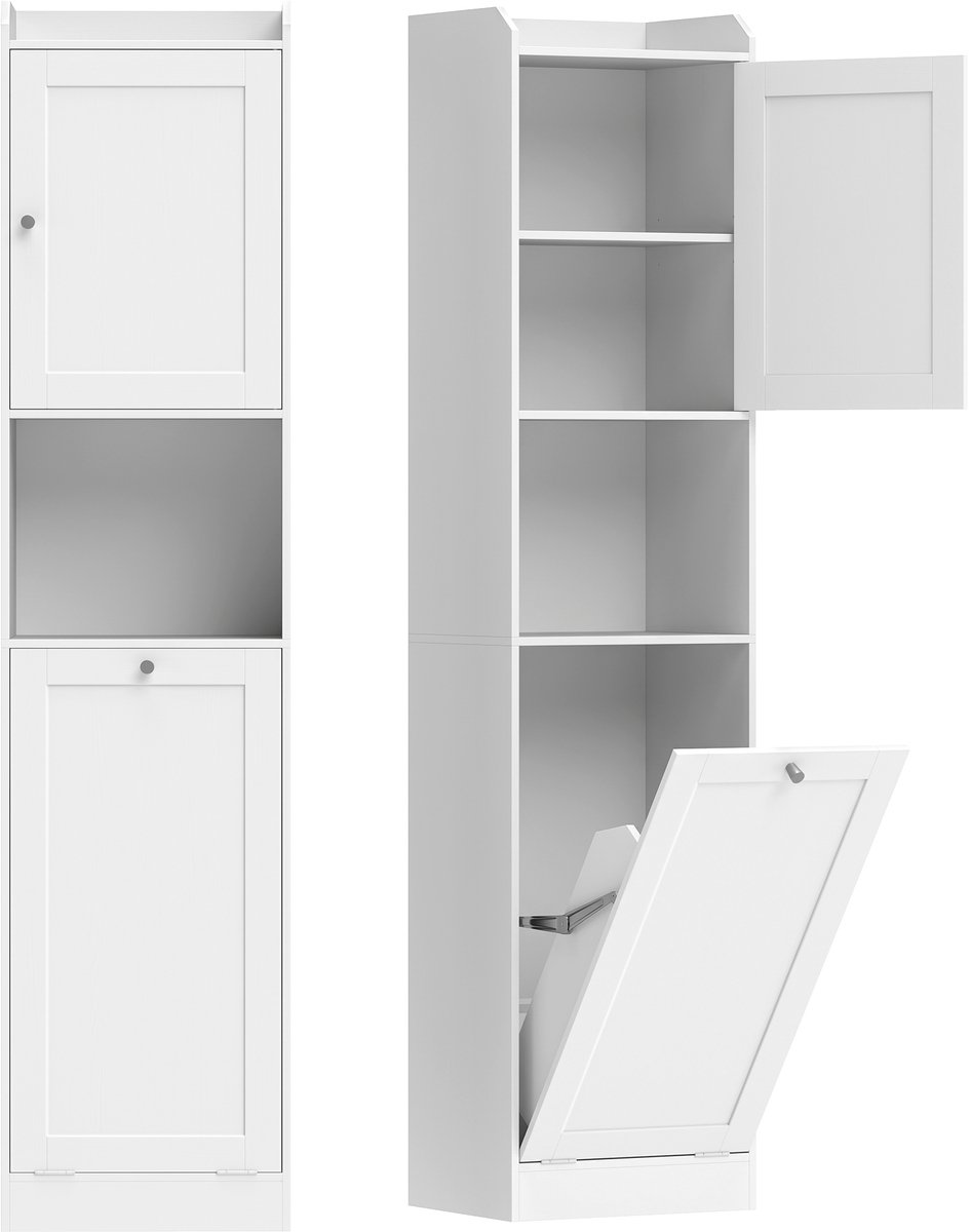TEKROA® Badkamerkasten - Hoge badkamerkast met opklapbare mand en planken - 40x30x170 cm -wit