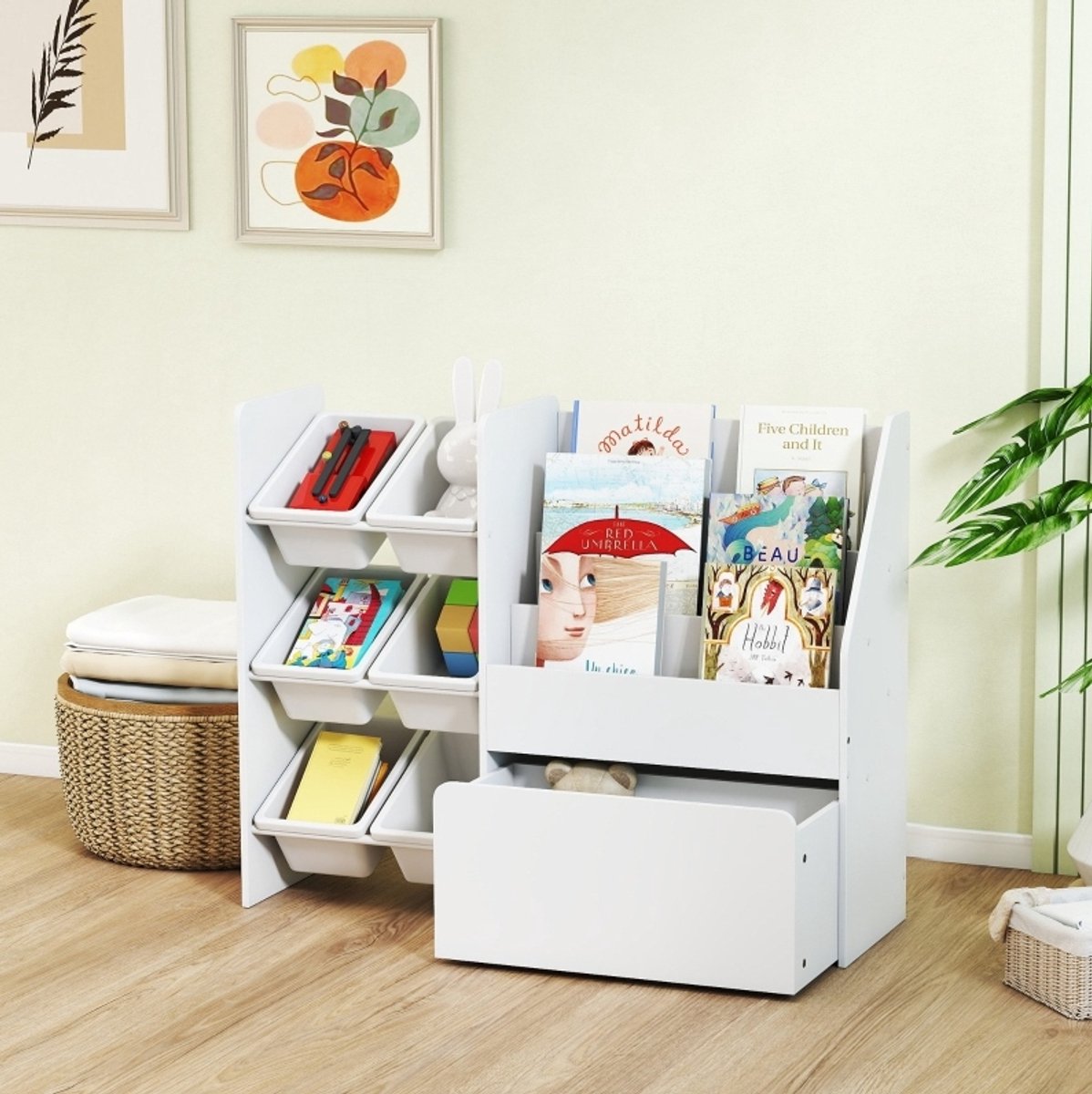 REDOM - Kinder boekenkast - 6 uitneembare opbergbakken - boekenrek en verrijdbare opbergbox - open opbergruimte - Hout en staal - Wit - 100 x 30 x 80 cm