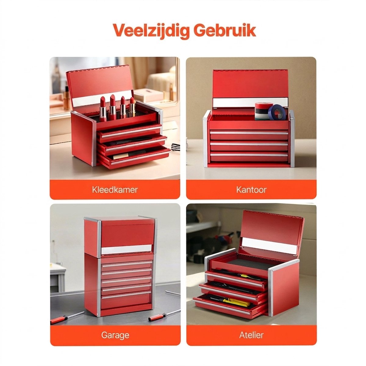 Metalen gereedschapskist - Gereedschapskoffer metaal - Kleine gereedschapskist - 3 Lades - Kogelgelagerd - EVA-voering - Gepoedercoat - Thuis - 21,8 cm - Rood — cadeau in Gereedschap - foto 3