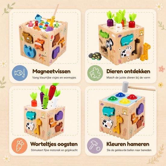 De Kleine Ontdekkerskubus - 8 in 1 Houten Montessori Sorteerspel met Vormen, Dieren, Kleuren en Klok - Intellikids van Intellikids — afbeelding 2