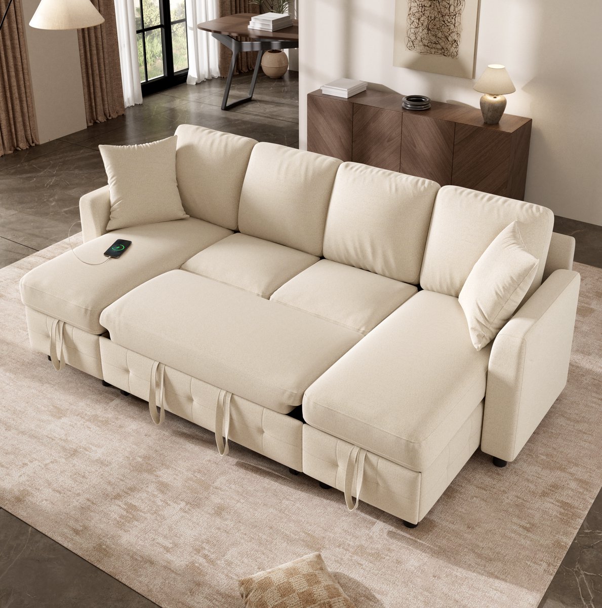 Wishdor - Bank - U-vorm met slaapfunctie - 2 opbergchaiselongues en USB/Type-C - modern - woonkamer - chenille stof - beige - 260 x 128 x 82 cm
