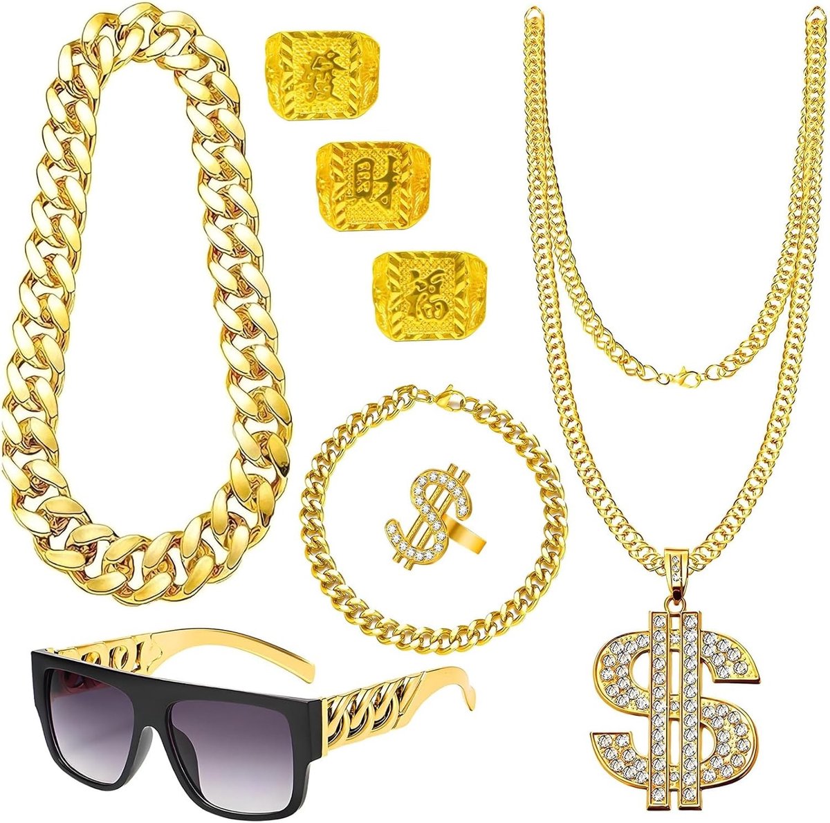Hip Hop Kostuum Set met 8 Stukken voor Carnavalsfeesten, Rapconcerten en Retro Themadagen - Inclusief Gouden Ketting, Dollar Ring en Zonnebril