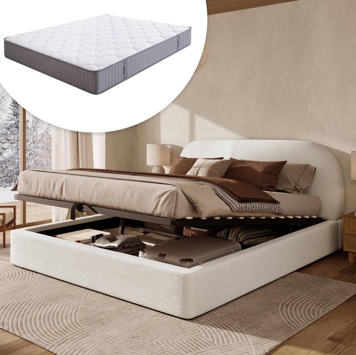 MIVRAY Bed 180x200 cm - Tweepersoonsbed Met Hydraulische Opbergruimte en Gestoffeerd Hoofdbord - Met Matras - Bouclé - Beige