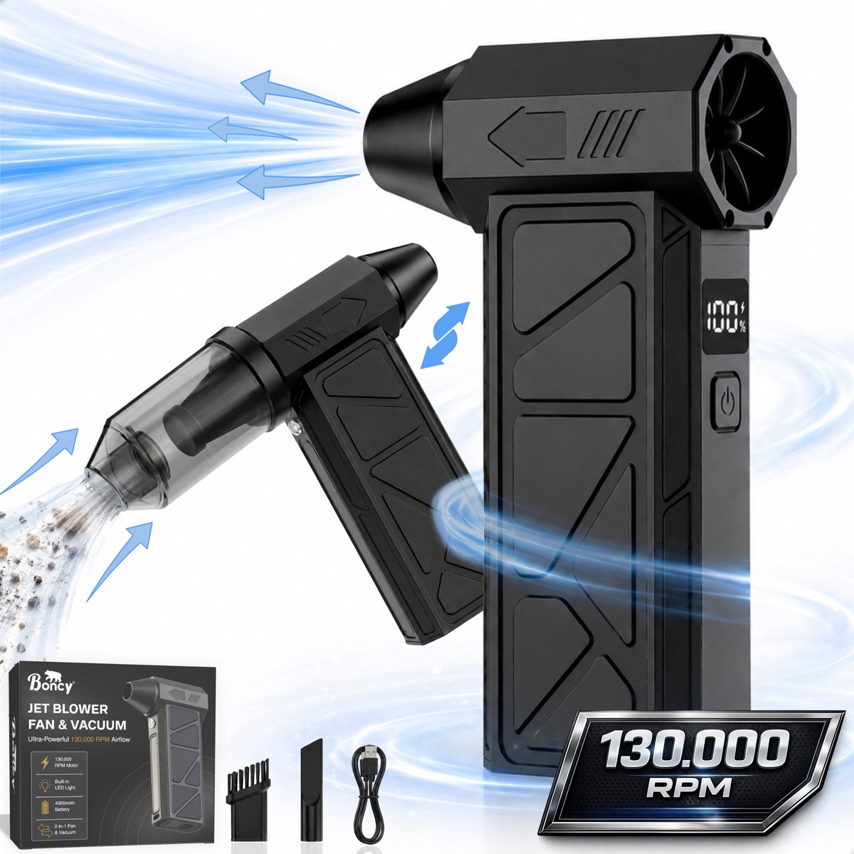Boncy® Air Duster Pro - 2-in-1 Auto Stofzuiger - 130.000 RPM - 4000 mAh - Compressed Perslucht Turbo Fan - Zuigen & Blazen - Kruimelzuiger Oplaadbaar & Draadloos - Luchtblazer Stofreiniger - Mini Kruimeldief - Stofblazer Computer - Jet Blower Pistool