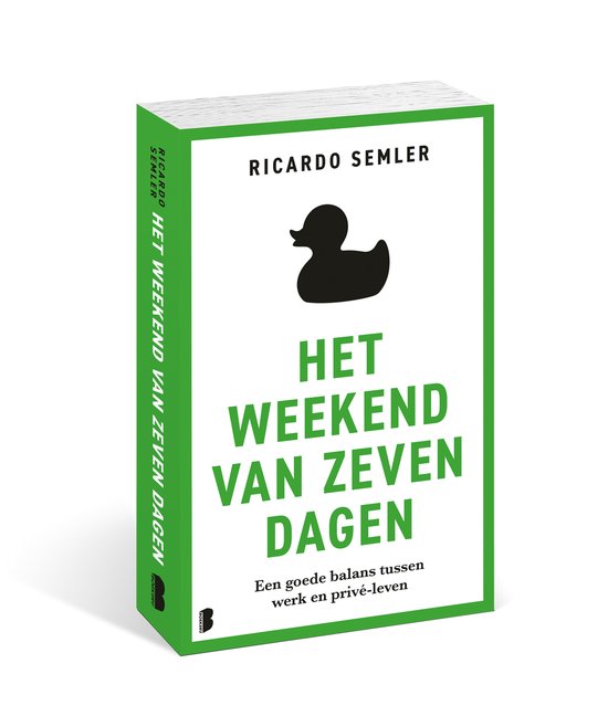 Boek 'Het weekend van zeven dagen' van Ricardo Semler, met een zwarte badeend op de cover en groene tekst.