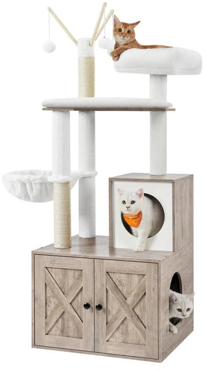 NordPaw® Kattenkrabpaal met Kattenbak Meubel - 2-in-1 Kattenboom met Kattenhuis, Opbergkast, Krabpalen en Ligbed - Greige - 57,5 x 50 x 140 cm