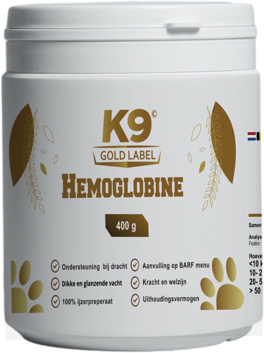 k9 gold label - Hemoglobine - ijzerpreparaat - aanvulling op BARF menu - ondersteuning bij dracht - energie