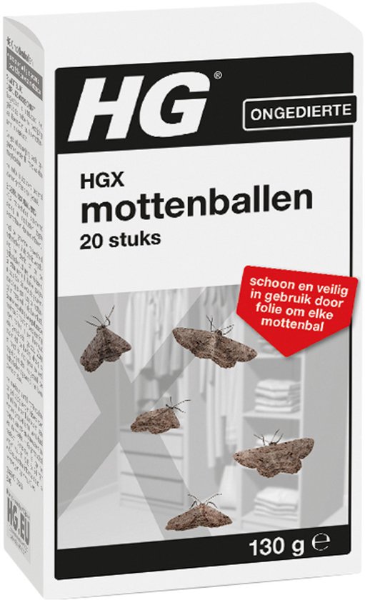 HGX mottenballen verpakking met afbeeldingen van motten voor een kledingkast.