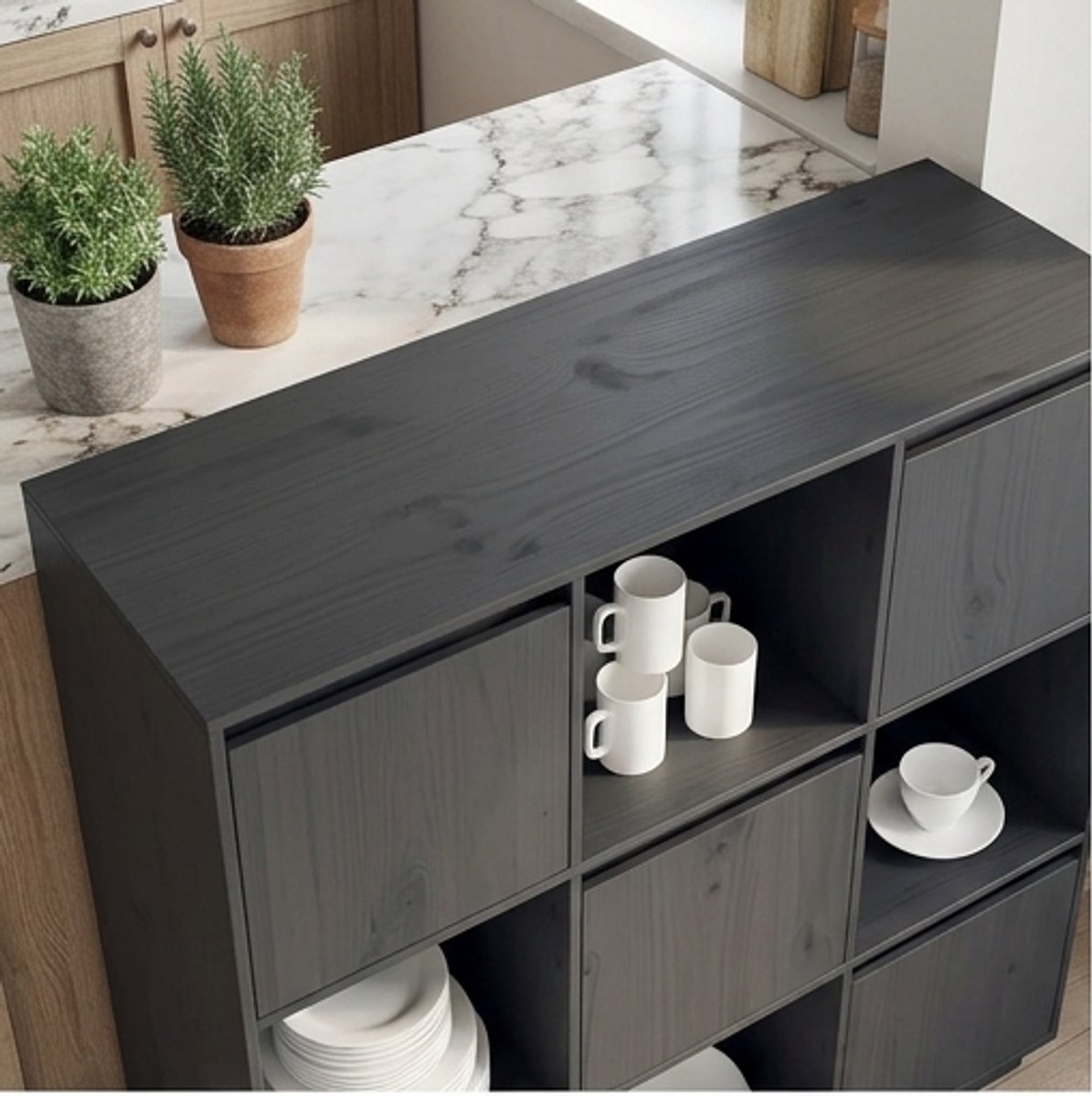 LoftLine Luxe Hoge Opbergkast met 5 Deuren 110,5 x 35 x 117 cm Massief Grenenhout Grijs – Novihomestore