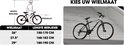 Diagram met maattabel voor wielmaten (26", 27.5", 29") en lengte van de berijder, naast een HILAND mountainbike.