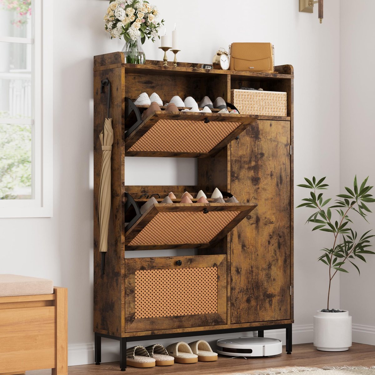 Schoenenkast Smal met Rotan Front - 90x23x131cm - Zijhaken - 3 Klepkasten en 4 Lagen Compartimenten - Hoogte Verstelbare Planken - Voor Hal en Woonkamer - Bruin