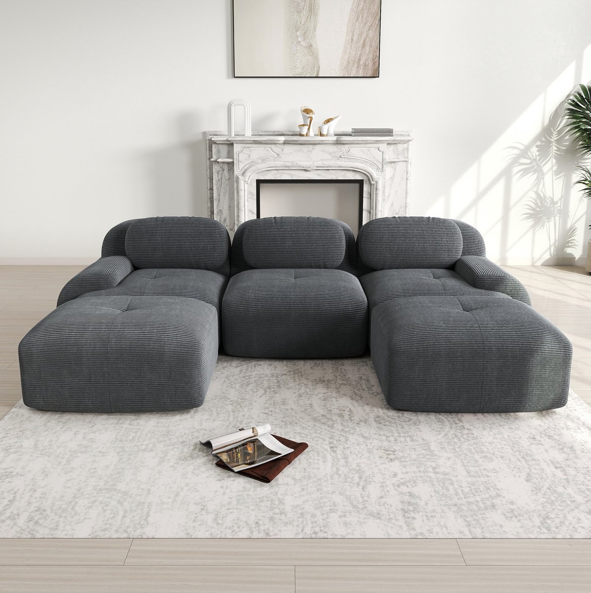 DESMIU U-Bank 298 x 178 x 75 cm - Modulair Zonder Montage Met 32D Koudschuim En Brede Armleuningen - Voor Woonkamer Slaapkamer En Kantoor - Ribfluweel Grijs