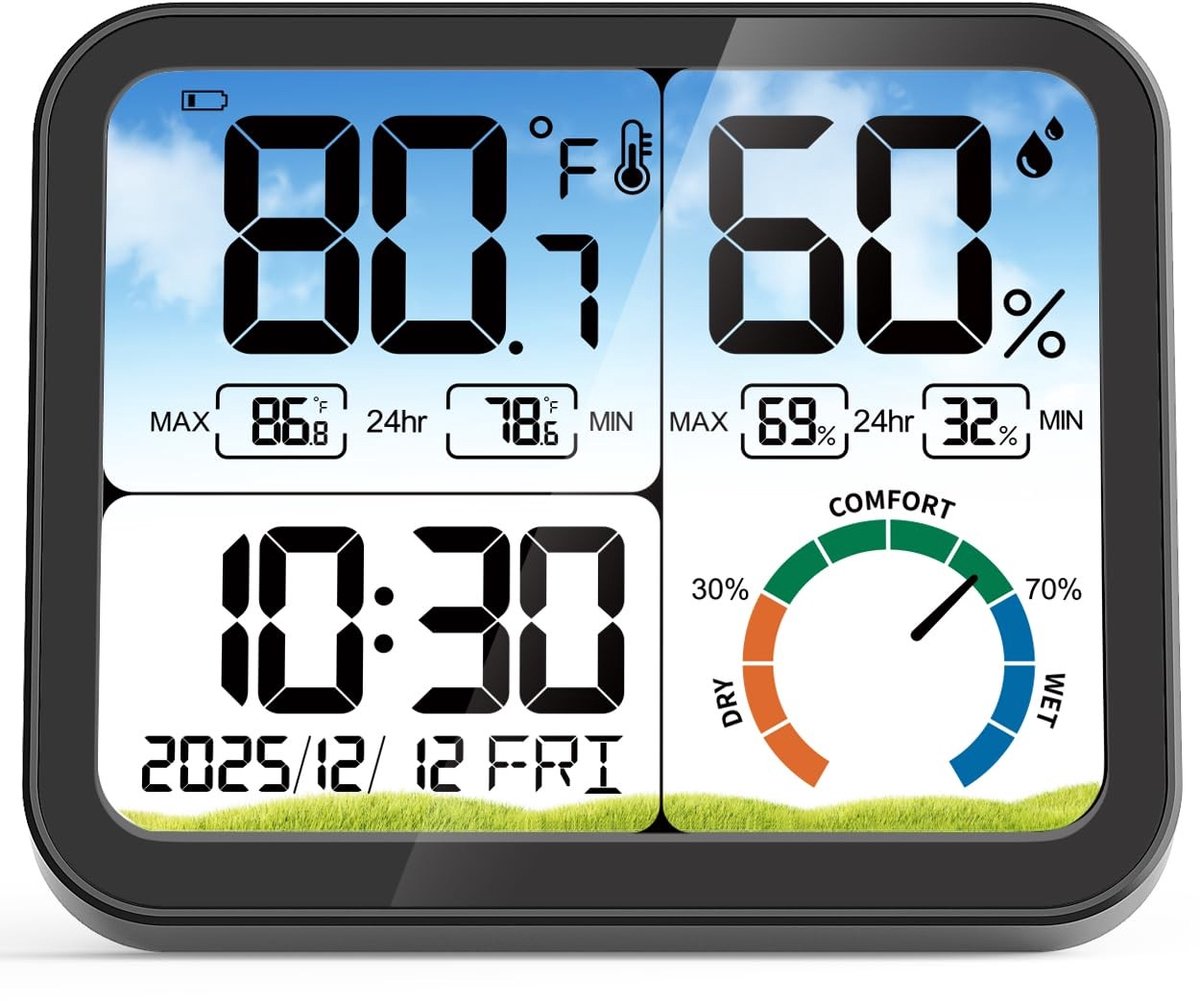 Digitale Binnenkamerthermometer - HD-LCD Scherm - Nauwkeurige Temperatuur en Vochtigheid - Met Kalibratie en Klok - Voor Thuisgebruik