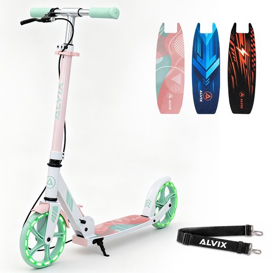 ALVIX Kinderstep roze met handrem en LED-wielen, opvouwbare step voor kinderen vanaf 6 jaar, 200 mm wielen, verstelbaar stuur, draagriem, breed deck, tot 100 kg