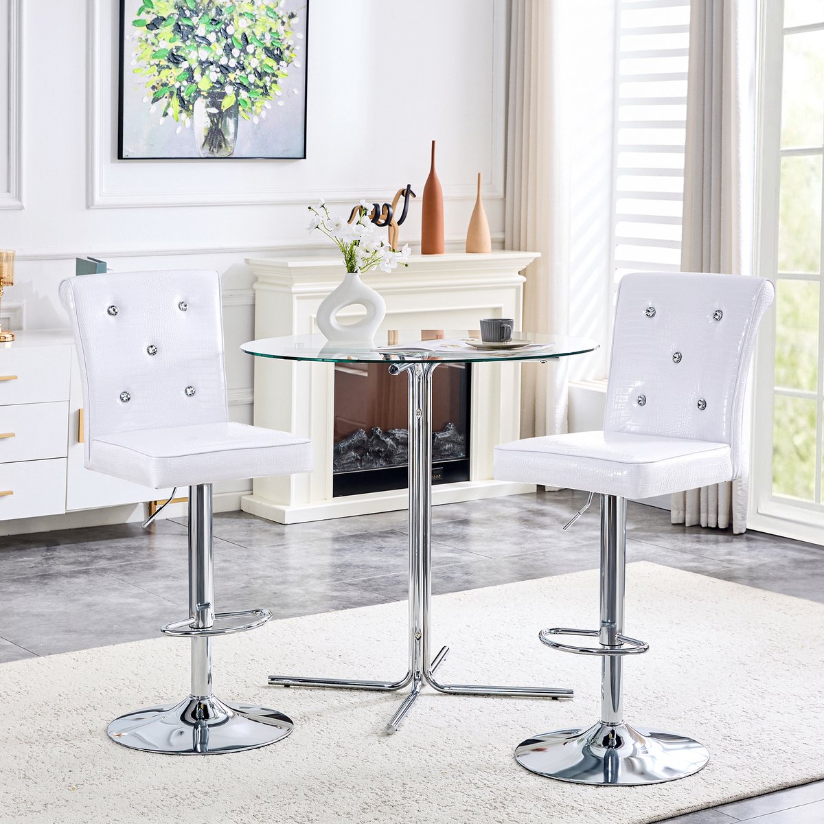 FloraGrace Eetkamerstoel – Verstelbare Vintage Barkruk Set Van 2 – Met Kristalknopen, Voetsteun En Waterafstotend Kunstleer – Voor Eethoek, Keuken Of Bar – Metaal – Wit White