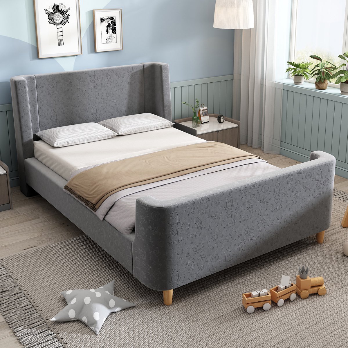MIVRAY Kinderbed 90x200 cm - Eenpersoonsbed Zonder Matras met Ruimtemotief en Lattenbodem - Gestoffeerd Slee Bed - Fluweel - Grijs