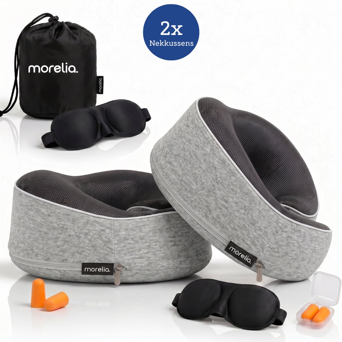 Bol.com Morelia® 2x Volledige Set Nekkussen Licht Grijs - Luxe Reiskussen voor het Vliegtuig en de Auto - Traagschuim aanbieding
