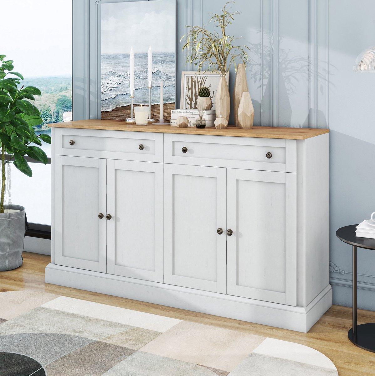 MEUNIQ dressoir 150 x 40 x 86 cm met 4 deuren en 2 lades, sideboard met 2 verstelbare planken voor eetkamer, woonkamer of slaapkamer, antiekwit en naturel