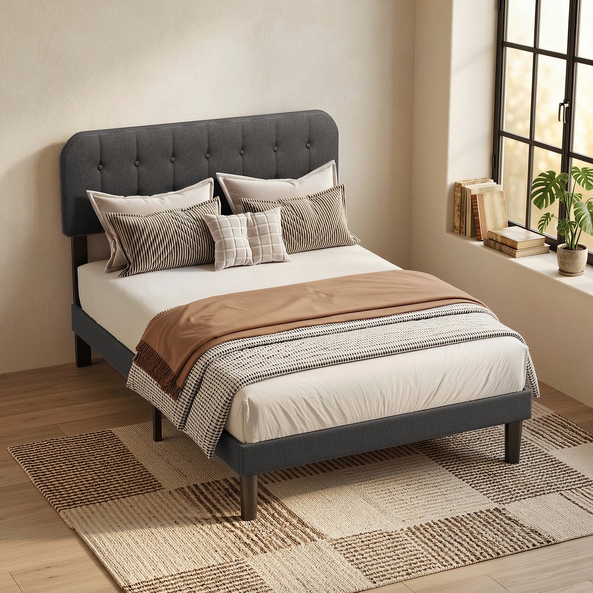 Bealife BF54 Bedframe - 200 x 120 cm - Verstelbaar Hoofdbord en Lattenbodem - 360 kg - Donkergrijs