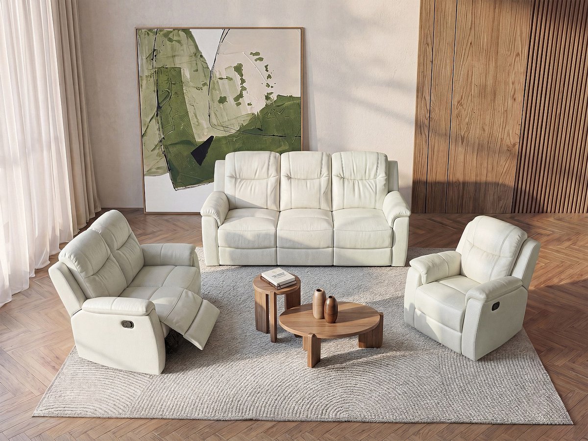 Vente-unique Driezits, tweezits relaxbank en relaxfauteuil EVASION van leer - ivoorwit