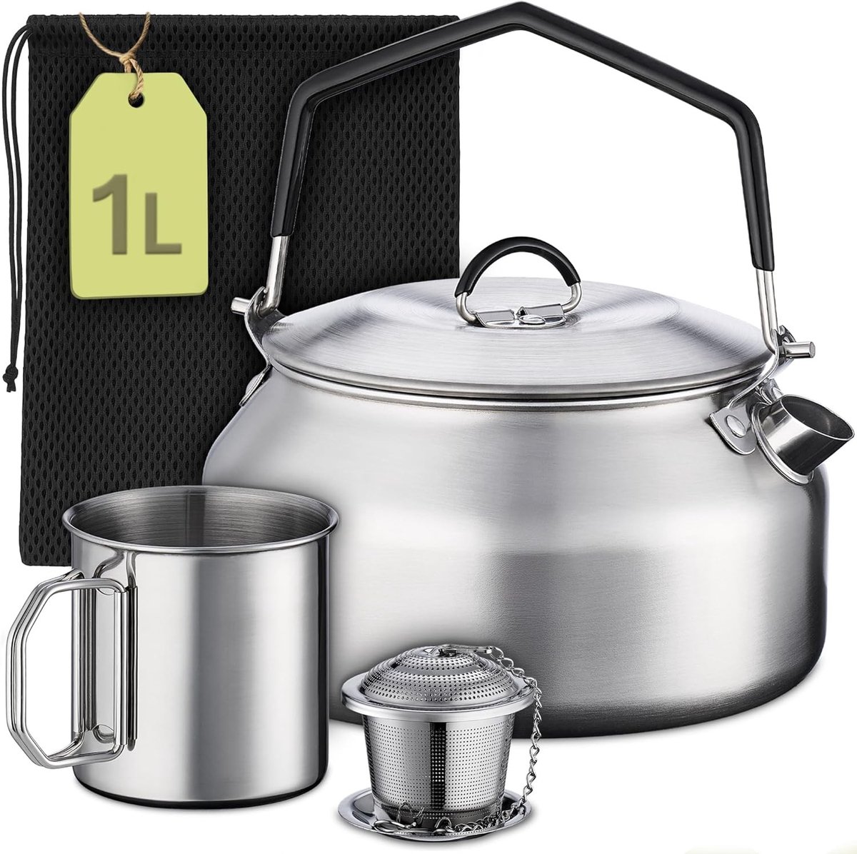 Camping Waterkoker Set - Roestvrij Staal - Inclusief Beker, Theefilter & Tas - Stapelbaar en Lichtgewicht - Voor Kampeerders en Wandelaars