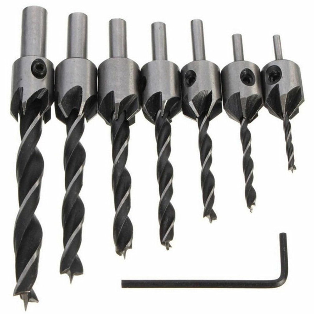Set van 7 HSS Freesboren voor Houtbewerking met 3-10mm Diameter en Sleutel voor Precisie Bewerking