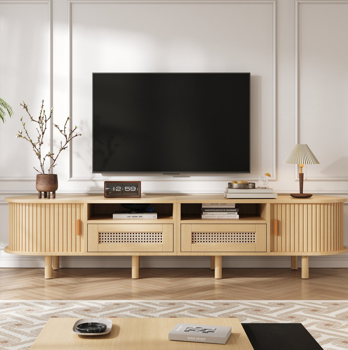 MEUNIQ tv-meubel lowboard 170 x 40 x 40 cm met 2 lades, 2 schuifdeuren, ovale tv-kast voor woonkamer en opbergruimte, eikenkleur met rotanlook accenten licht eiken
