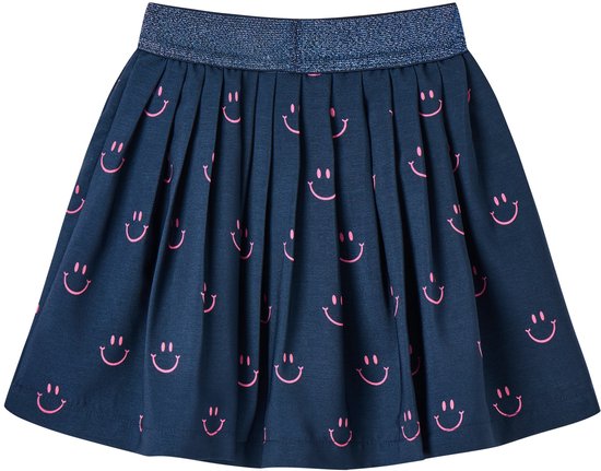 Donkerblauwe meisjesrok met plooien, een glinsterende tailleband en een all-over print van roze lachende gezichtjes.