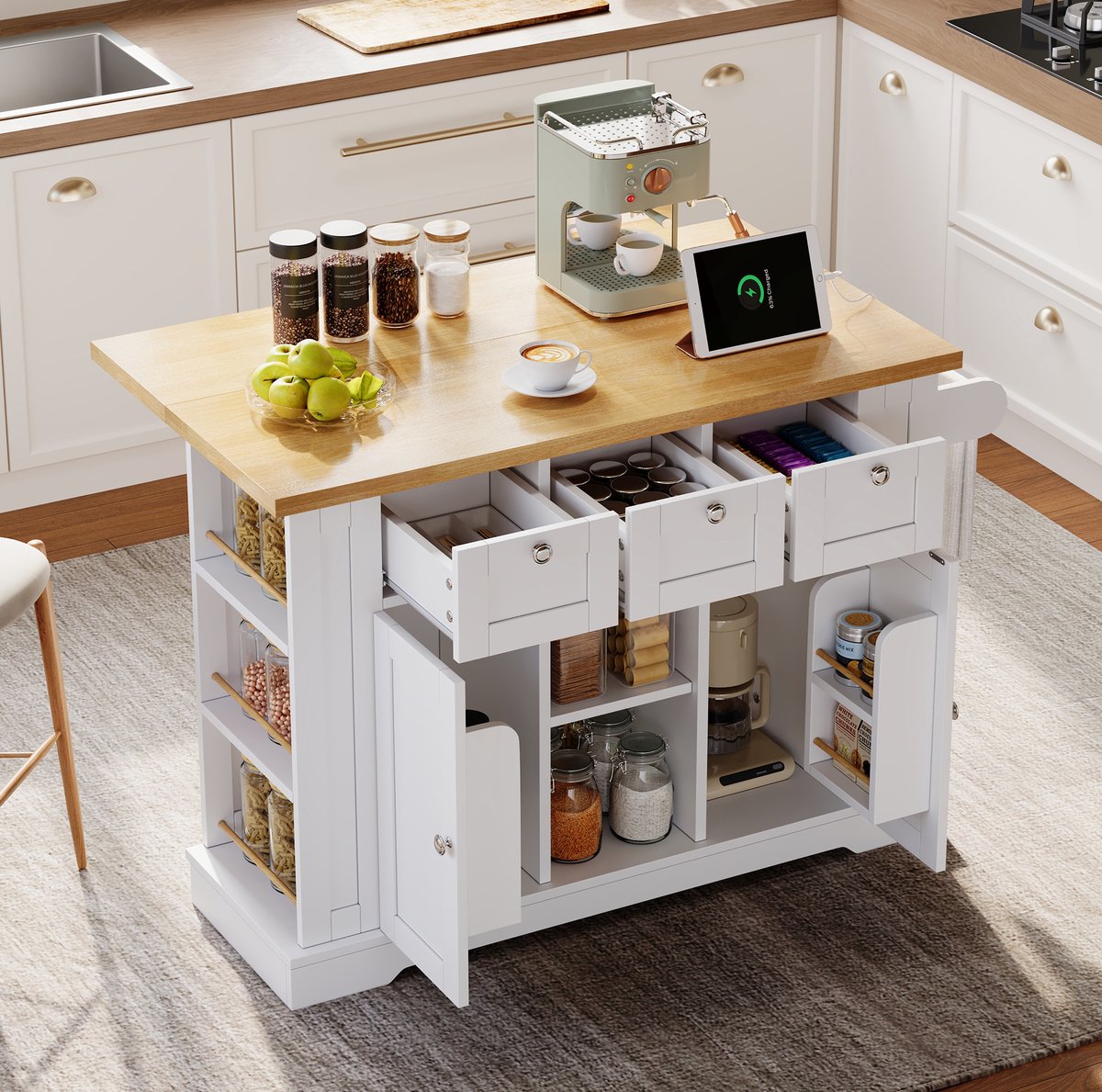 MEUNIQ Mobiel keukeneiland 132 x 40(70) x 87 cm met uitklapbaar werkblad, 3 lades, kastvakken, open rekken, stopcontact, USB, handdoekhouder en wielen
