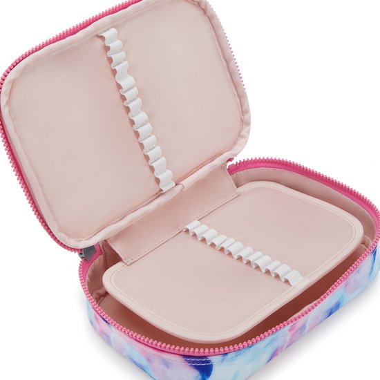 Open etui met roze rits, roze pennenlussen en zachtroze voering. Buitenmateriaal met aquarelprint.