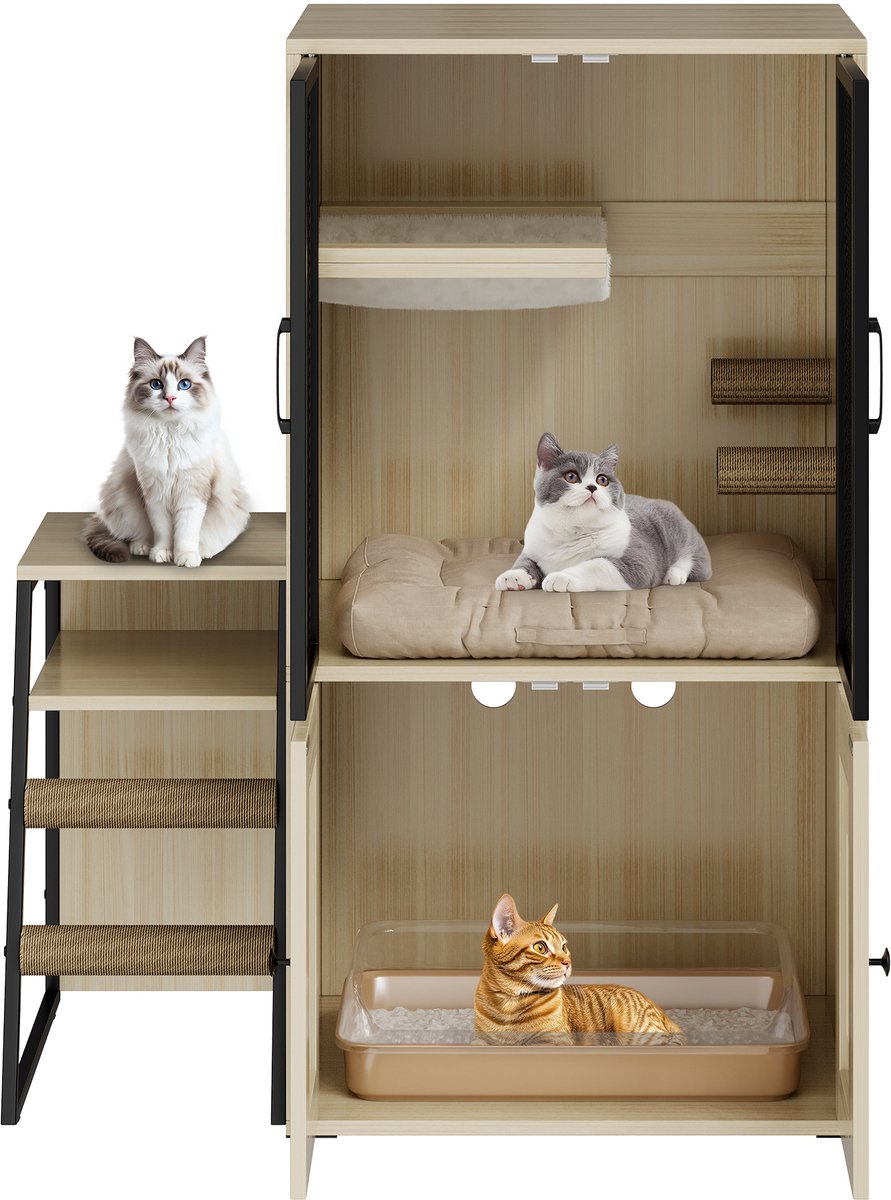 Dubbel kattenbakmeubel voor twee katten met deuren – verborgen opbergruimte en trap, veelzijdig hondbestendig binnenkatten-toiletkast, grijs
