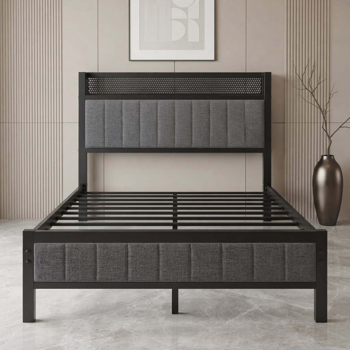 Industrieel Gestoffeerd Bed 120x200 cm met Oplaadstation, USB & Stopcontact, Metalen Bedframe met Lattenbodem, Opberg Hoofdbord, Tweepersoonsbed/Eenpersoonsbed Donkergrijs - Novihomestore