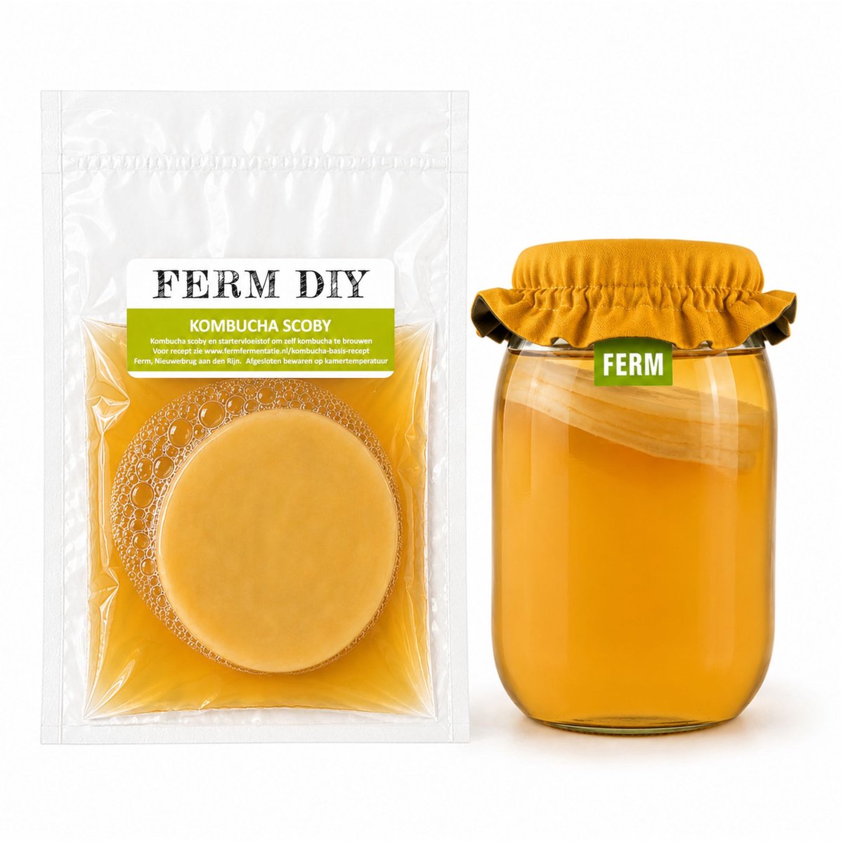 Kombucha Scoby met gele kombucha cover | Biologische kombuchascoby | zelf kombucha maken | Kombucha zwam | kombucha brouwen | Scobymat | Startervloeistof | met katoenen dubbelzijdige kombuchacover oker geel
