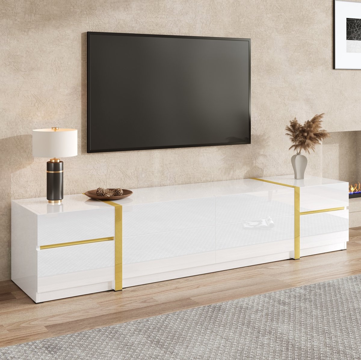 MEUNIQ TV-meubel 180 x 40 x 38 cm met 4 lades, 2 deuren en open vakken, hoogglans wit met goudkleurige details, dressoir voor woonkamer en tv-opbergruimte