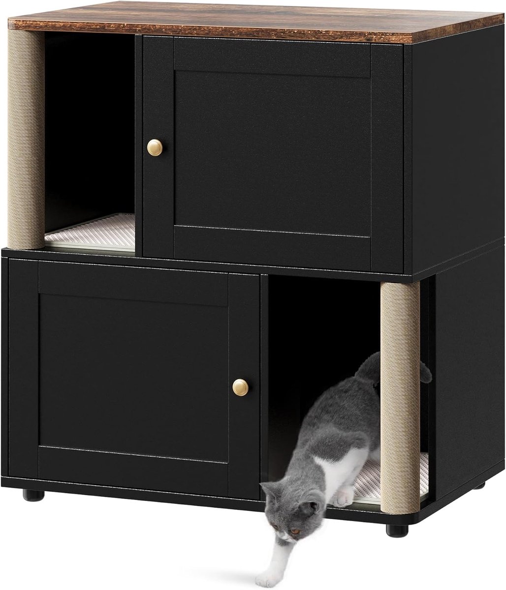 Ruimtebesparend dubbel kattenbakmeubel voor 2 katten – verborgen kattenkast met twee compartimenten, ingebouwde krabpalen, dubbele kattenbakmatten en opvangmatten, binnengebruik kattenhok