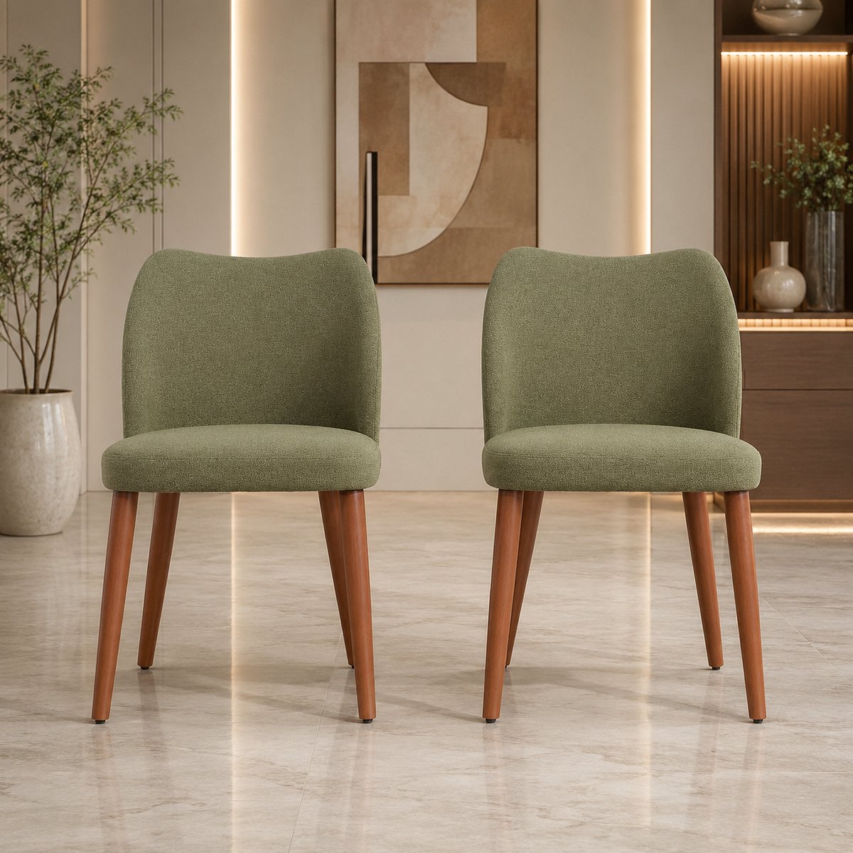 Luxe Scandinavische Eetkamerstoelen Set van 2 – Gestoffeerde Linnen Accentstoelen met Ergonomische Rugleuning & Massief Houten Poten – Comfortabele Keuken- en Woonkamerstoelen (Groen) novihomestore