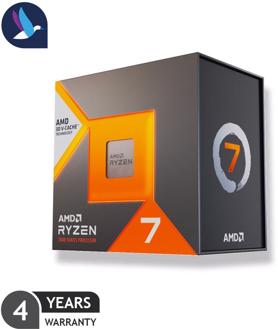 Doos van de AMD Ryzen 7 processor met 3D V-Cache technologie, oranje en grijze accenten.