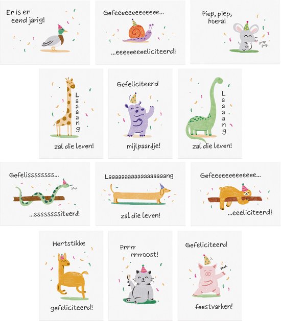 Collage van 9 kaarten met verjaardagsillustraties: eend, slak, muis, giraf, paars wezen, dinosaurus, slang, hond, beer.