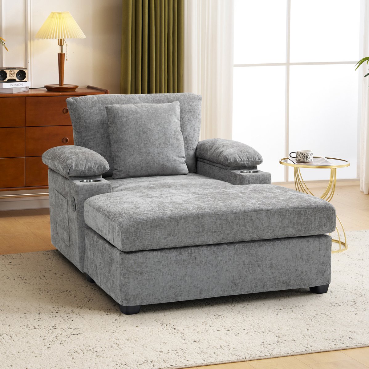 OKWISH Chaise Longue - 1-Zits Ligstoel Met USB-Oplaadfunctie, Bekerhouder En Opbergarmleuning - Voor Woonkamer Of Kantoor - Chenille - Grijs